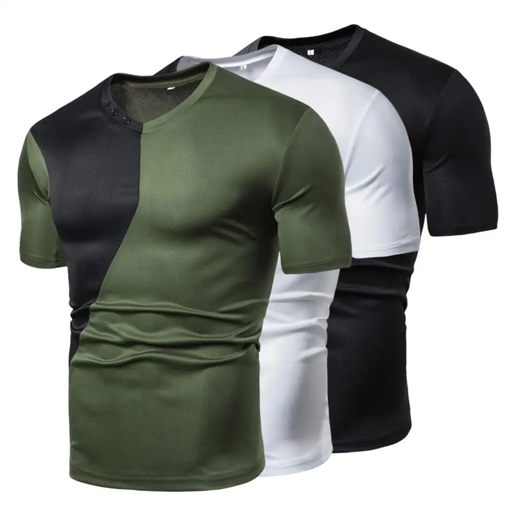 

Men Summer T-shirt Contrast Color Patchwork V Neck Short Sleeves Slim Fit Sports Pullover Casual Men Exercise Top Men Clothes