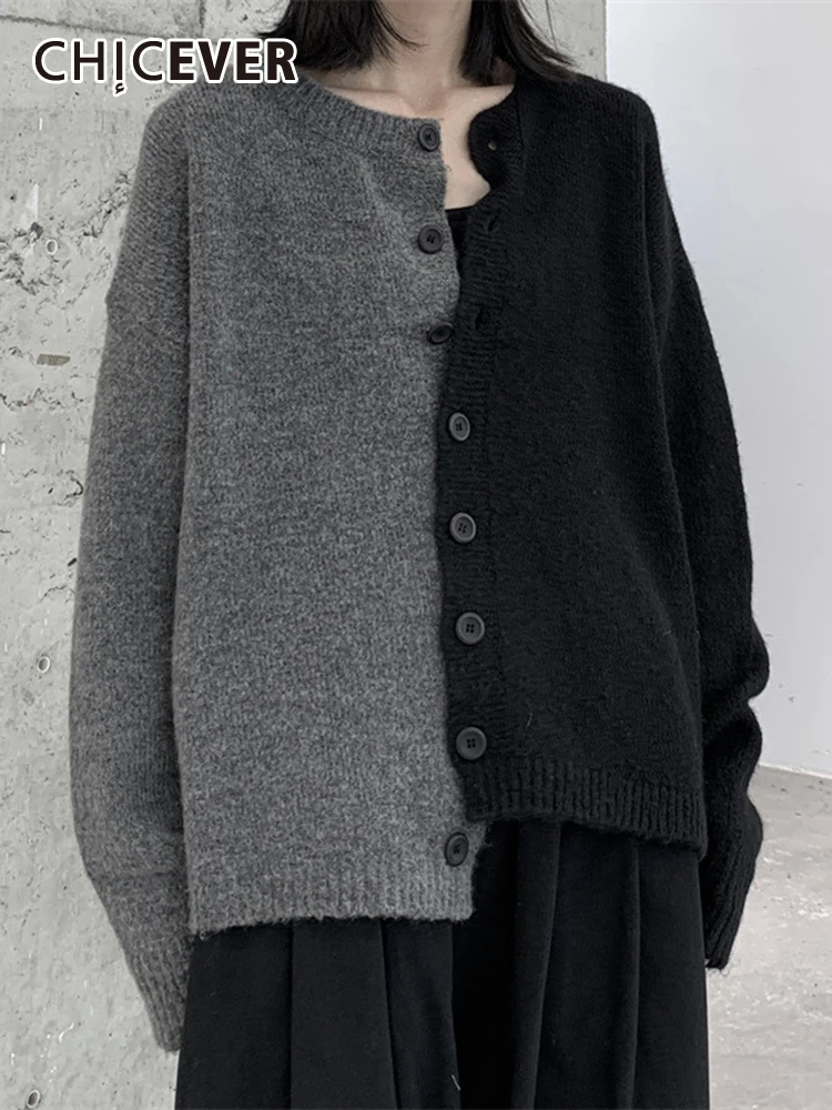 

CHICEVER Autumn Colorblock Sweaters For Women Round Neck Long Sleeve Single Breasted Irregular Loose Knitting Sweater Female New