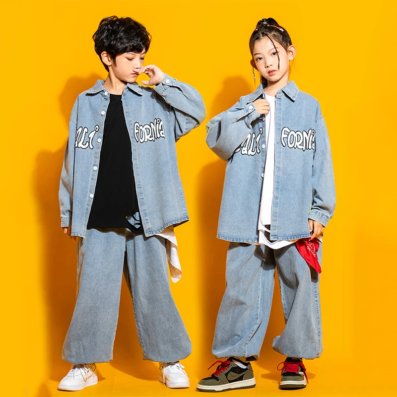 Autumn Fashion Kids Clothes Denim Coat Pants Hip Hop Dance Costume Girls Boys Street Dance Outfit Concert Show Kpop Wear BL9156