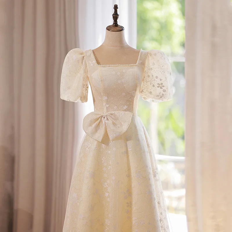 

Princess French Champagne Backless Evening Dresses Elegant Square Neck Short Sleeve A-line Prom Party Gowns