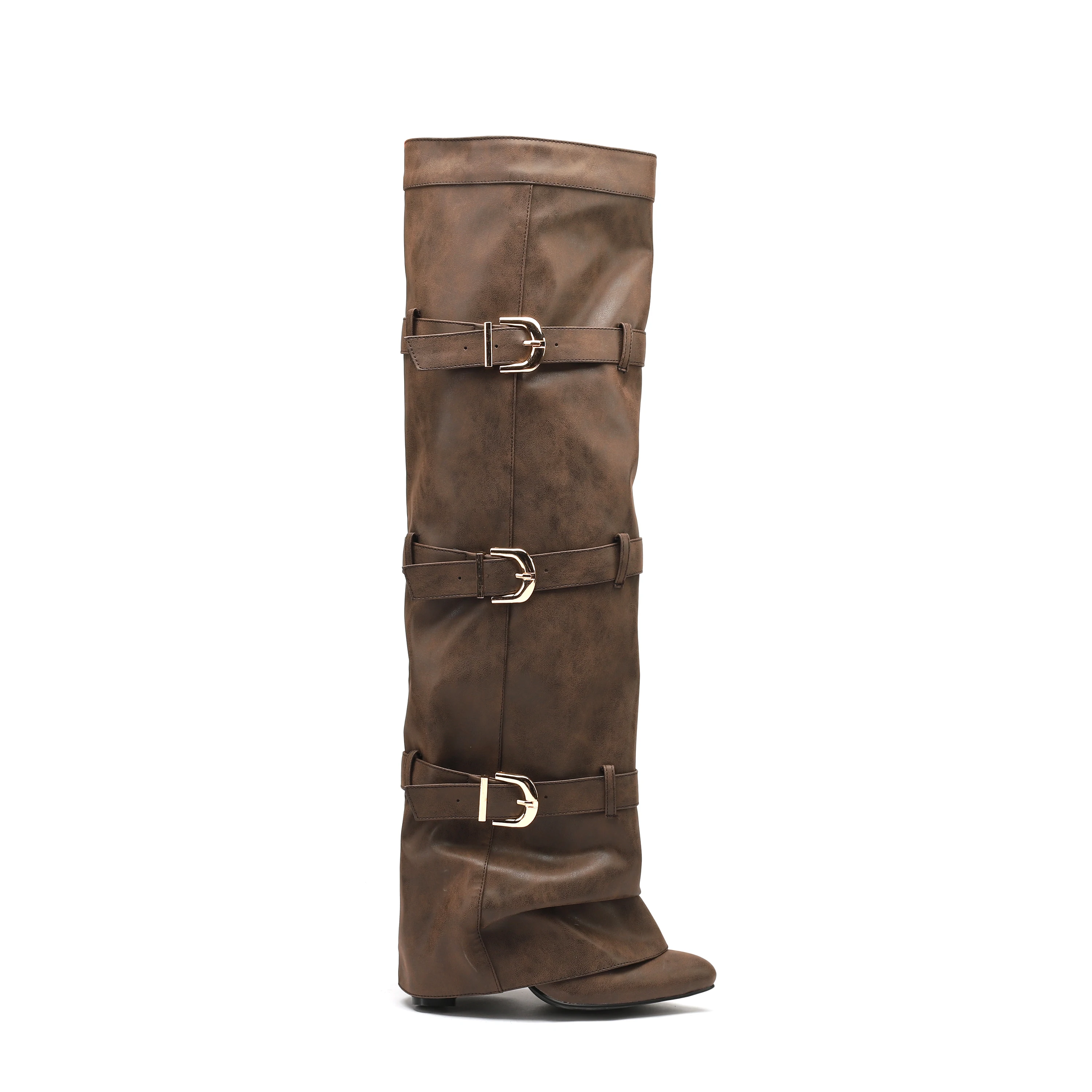 

Brand Design Vintage Metal Belt Buckle Jixi Boots Pointed-Toe Chunky Heel Heightening Slimming Ladies Plus Size Boots 35&43