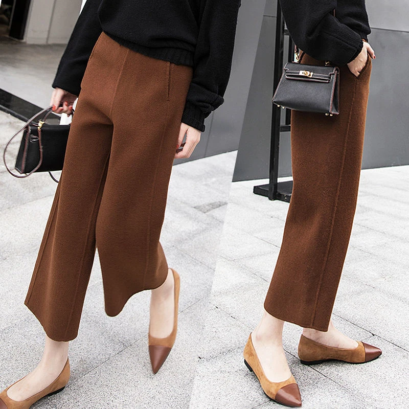 Casual Woolen Blend Wide Leg Pant Women Autumn Winter High Waist Ankle-Length Pants Office Lady Korean Baggy Pantalones Straight