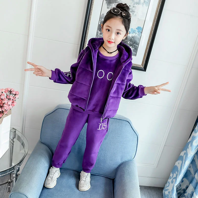 Inverno 3-13T Set Girls 2023 New Golden Plus Velvet Thick Warm Abbigliamento Suit 110-160 Rosa/Viola Di Alta Qualità
