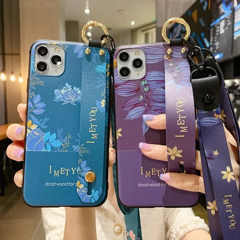 Floral Leaf Lanyard Phone Case with Wrist Strap Holder