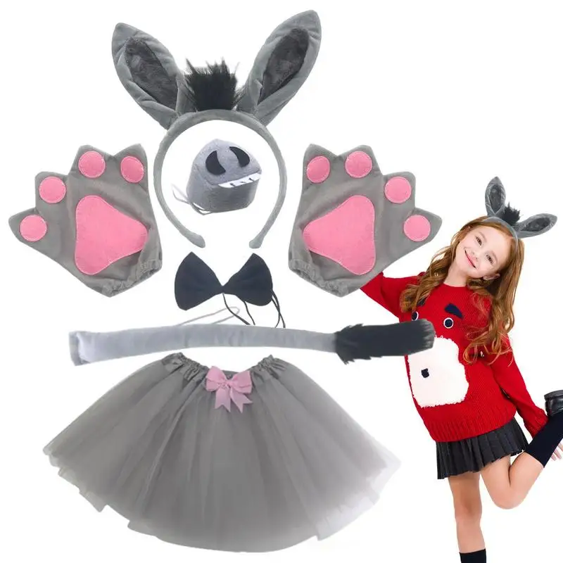 

Animal Ears and Tail Set Grey Donkey Halloween Fancy Dress Up Costume Headband Bow Tie Tail Tutu Skirt Gloves Nose Props