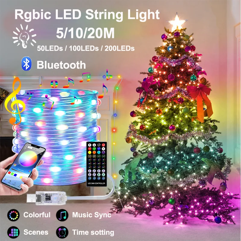 

5/10/20M LED String Lights RGBIC Dream Color with Remote and APP Control Music Sync Rgbic Christmas Party Room Garden Decor DC5V