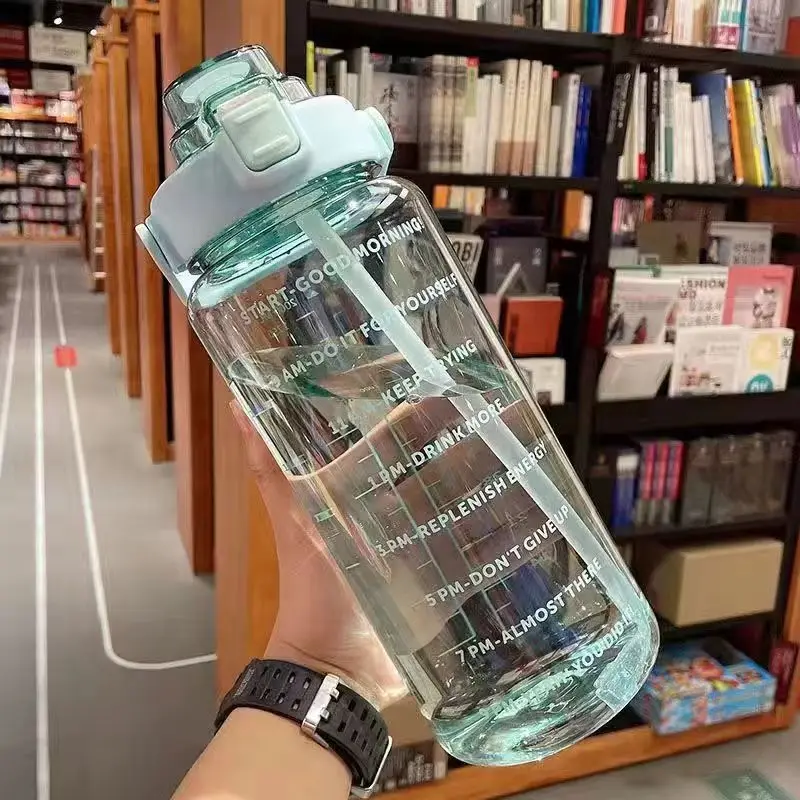 Large Capacity Sports Water Bottle with Straw and Time Marker