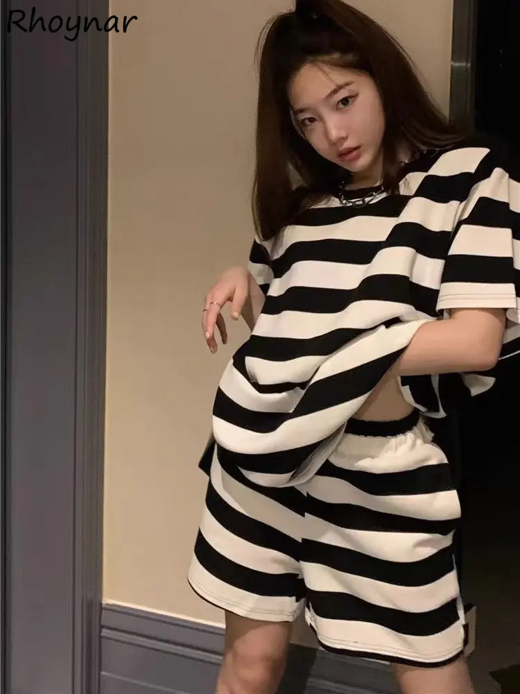 

Striped Pajama Sets Women Loose Ulzzang Summer Ins Style Popular Short-sleeve O-neck Comfortable Gentle 2 Pcs Home Lounge Sweet
