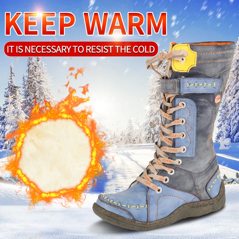 

TMA EYES Long Warm Leather Women's Boots In Winter With Solid Color Hand Stitching