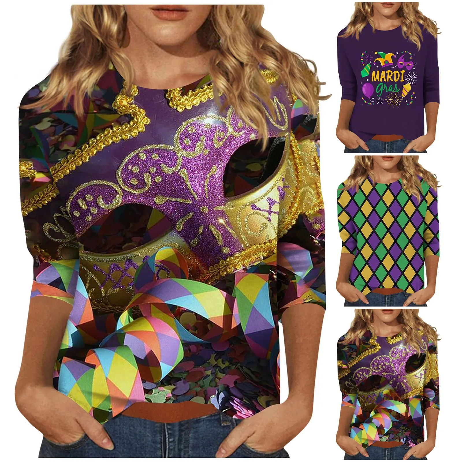 

Women's Casual Chic Mardi Gras Print Round Neck Three Quarter Sleeve Shirt Fashion-Forward Comfortable Eye-Catching Trendy