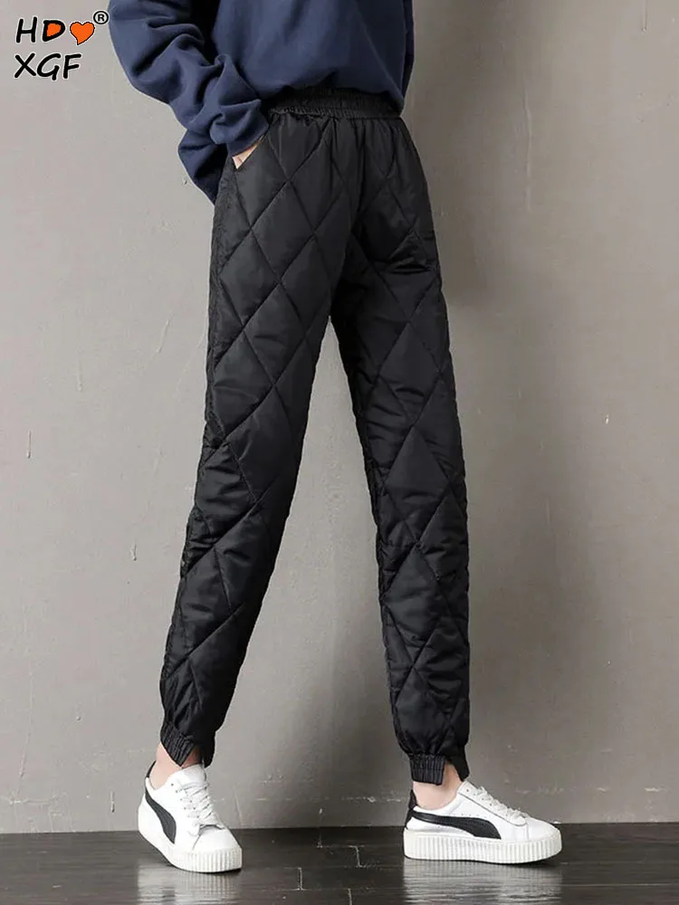 

Winter Solid Color Ultralight Thickening Cotton Padded Pants For Women Vintage Elastic High Waist Trousers All-match Baggy Pants
