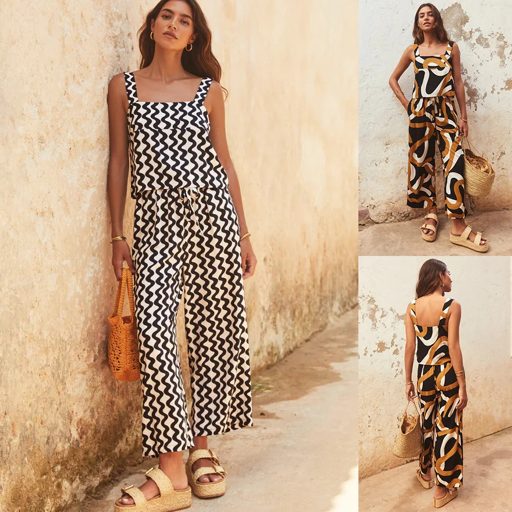 Women's Suit Suspender Casual Wide Leg Pants Two-piece Set Fashionable Square Neck Printed Vest Suit Set Women 2 Pieces