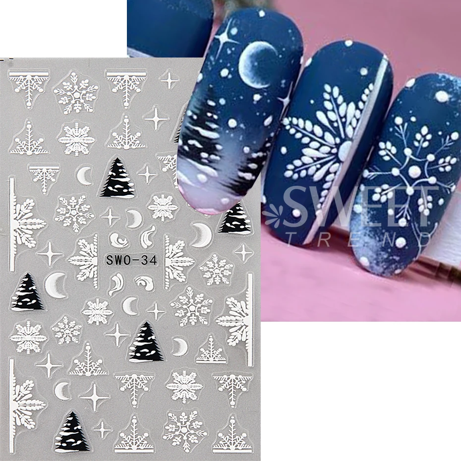 2pcs Christmas Nail Art Stickers Self-Adhesive Purple Xmas Tree Bow Lamp Ball Snowflake Nail Decals Manicure Accessories Decor