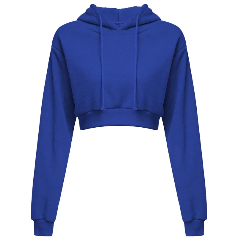 

Spring Autumn Women Sport Pullover Long Sleeve Ladies Casual Open Navel Solid Hooded Sweatshirt Short Top Hoodies Sweater
