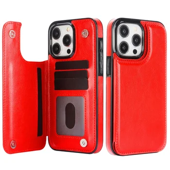 Flip Case PU Leather Wallet With Card Slot - Stand For iPhone 12 - 16 - Pro Max - Red