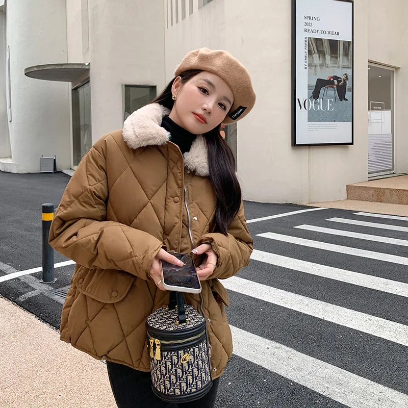 Winter Korean Thick Add Cotton Coat Women Casual Zipper Up Short Furry Collar Jacket Warm Down Cotton Parkas Woman