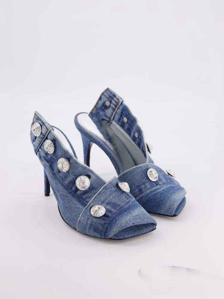 Summer European American Catwalk Thin Heel Super High Heel High Top Big Fishmouth Denim Buttons Slippers Square Toe Boots Women