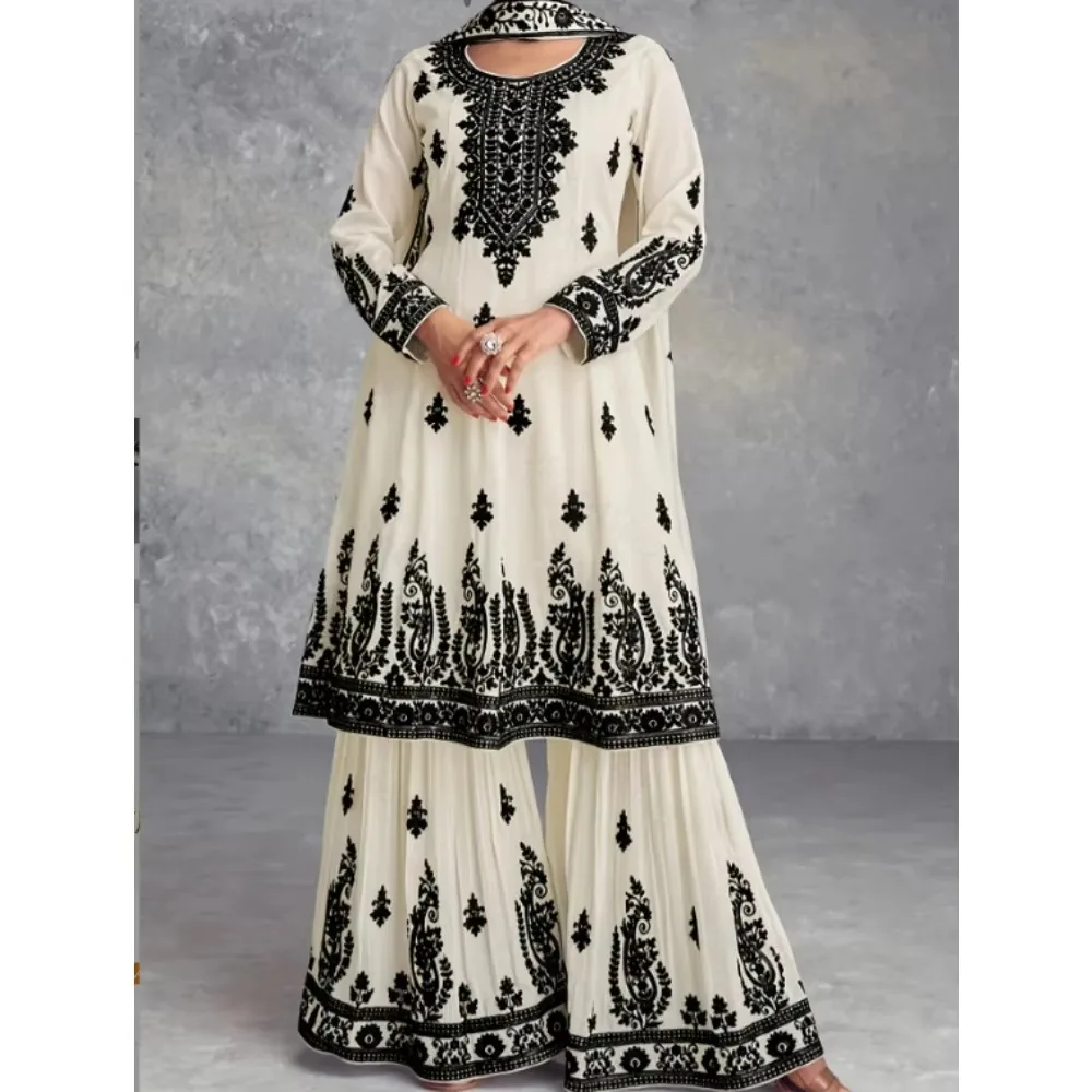 Ensemble Kameez Palazzo à imprimé ethnique pour femmes musulmanes, manches longues, tenue islamique modeste 5