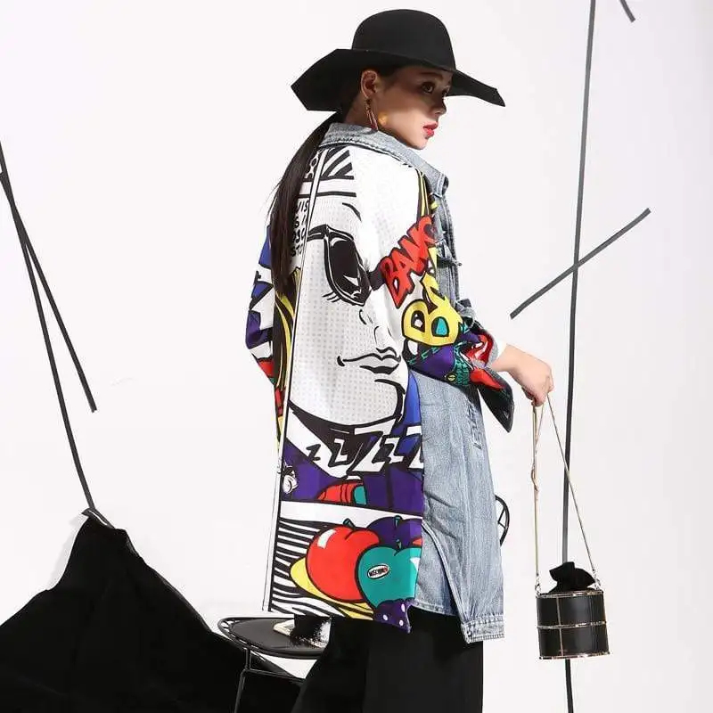 2024 New Women's Denim Trench Coat Fashion Draw Like Creative Pattern Patchwork Loose Wash Denim Coat Korean Reviews Clothes