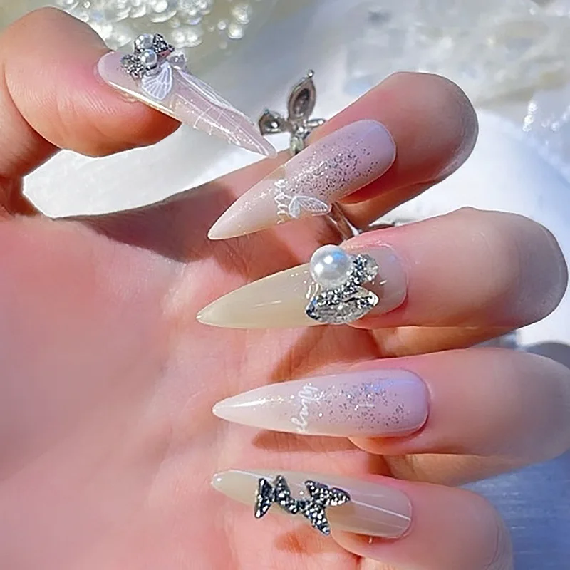 

24Pcs White Long Almond Fake Nails Art White Jade Butterfly Artificial Removable Acrylic Press on Nail Hot Sale Stick on Nails