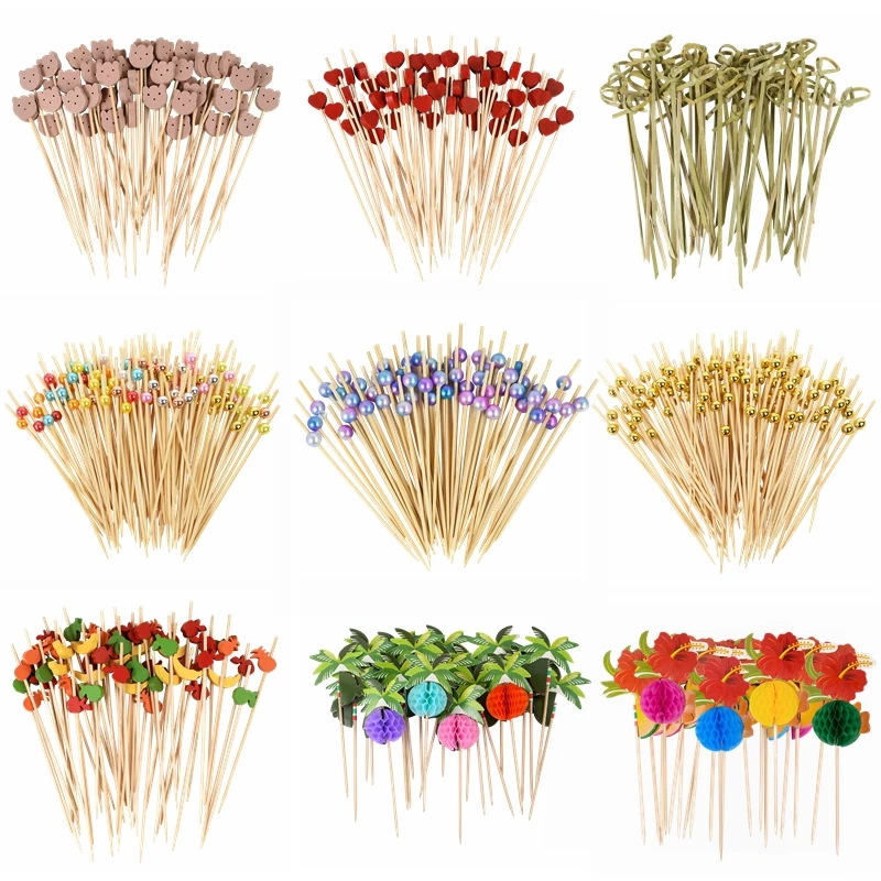 Cute Bear Heart Beads Bamboo Fruit Sticks Fruit Salad Snack Fork Cocktail Skewer 50/100pcs Wedding Birthday Party Decor Supplies