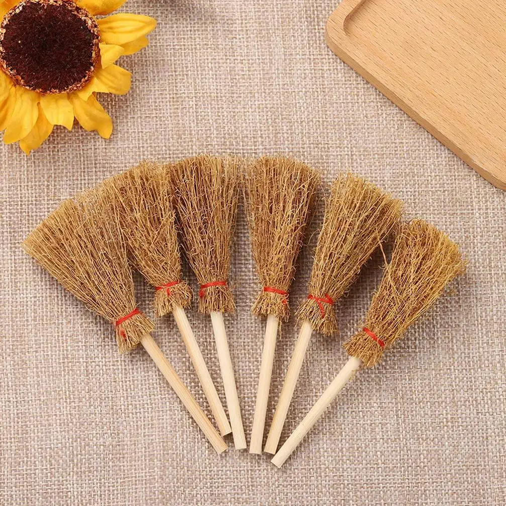 20Pcs Miniature Artificial Mini Straw Brooms with Red Ropes Halloween Straw Dollhouse Decoration Witches Party Decor Toy