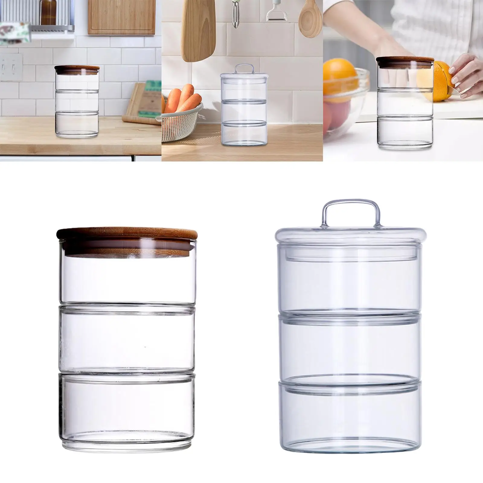 3 Layer Glass Food Jar Grain Container Glass Storage Container Airtight Glass Storage Jar 3 Tier Stacking Jars for Nuts Pantry 6