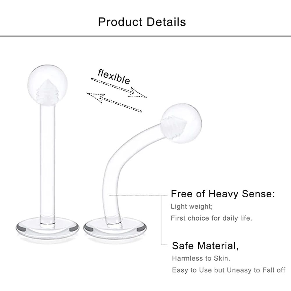 20 Stück 16G Bioflex Kunststoff Lippenringe Labret Retainer Bar Länge Clear Forward Helix Tragus Ohrringe Flexibles Monroe Piercing – Detail 3