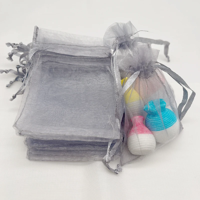 100pcs Grey Gray Gift Bag Drawstring Organza Bag Gray Grey Organza Gift Bags Wedding Packaging Jewelry Storage Bags Sachet Pouch