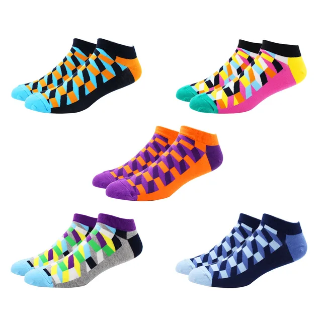 5 Pairs Novelty Funny Casual Ankle Socks Fashion Colorful Harajuku Grid Space Cotton Men Socks Happy Men Socks Size EU39-46 DW012-5 Pairs