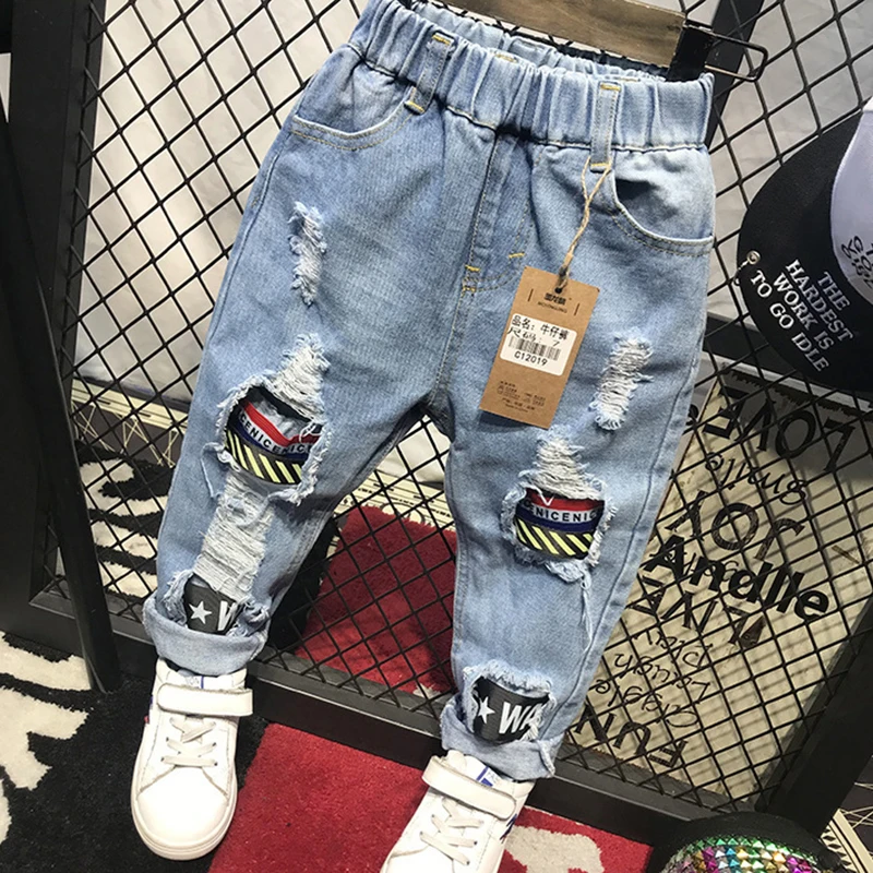 Kids pants boys jeans Boys Jeans Fashion Hole New Children Straight Cylinder Casual Jeans Spring Autumn Korean Style Elastic Waist 3-8Ys Trousers