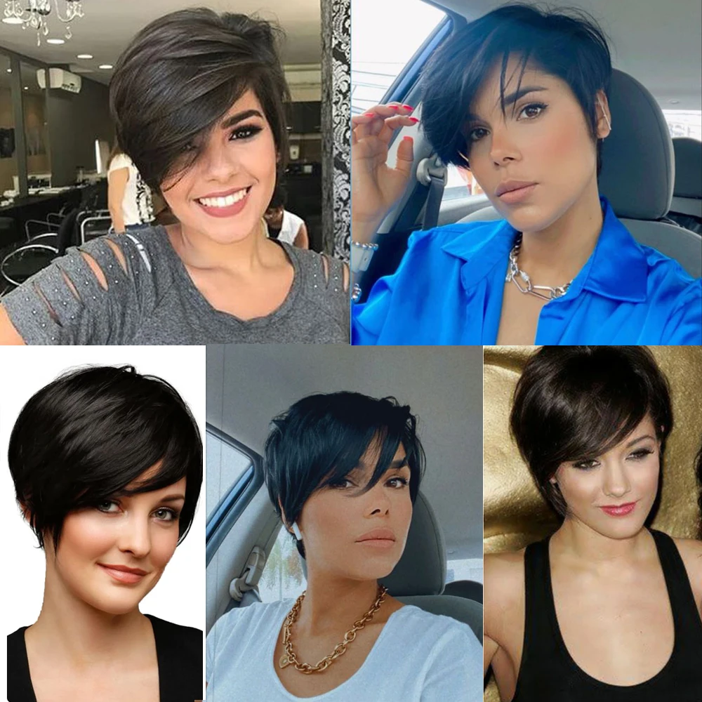 Pixie Cut 100% 여성용 짧은 레미 레이어드 인모 가발, 옆머리 포함, 브라질 내추럴 블랙 헤어, 저렴한 가발 -  AliExpress