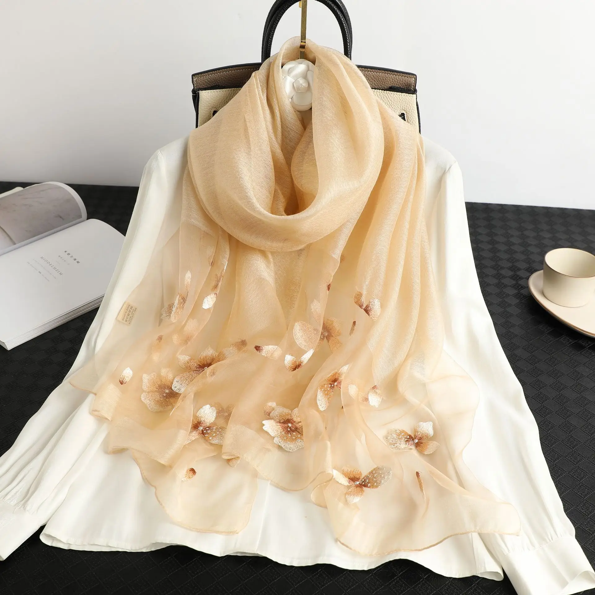 

90X180CM Luxury Women Plain Soft Wool Mulberry Silk Scarf Shawl Fashion Hand Embroidery Butterfly Design Long Ladies Scarves