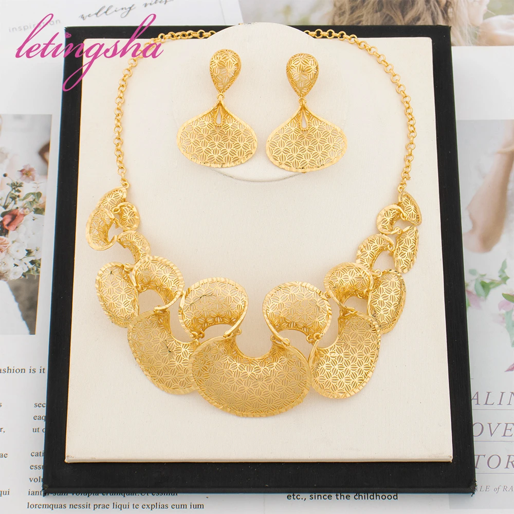 

Luxury Necklace Gold Color Jewelry Set Trendy Earrings Set African Ethiopian Trendy Fashion Bride Wedding Party Gift Jewelry