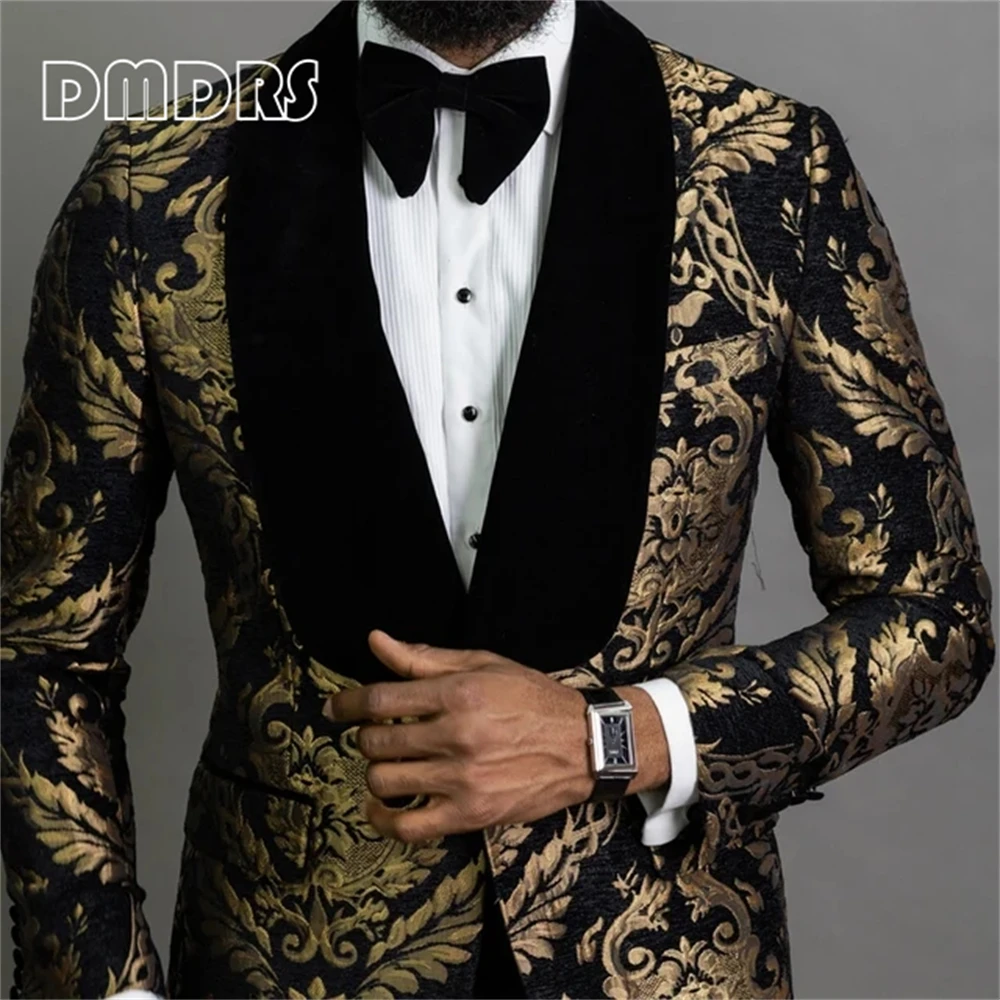 Floral Jacquard Blazer for Men Prom African Fashion Slim Fit with Velvet Shawl Lapel Male Suit Jacket for Wedding Groom Tuxedo