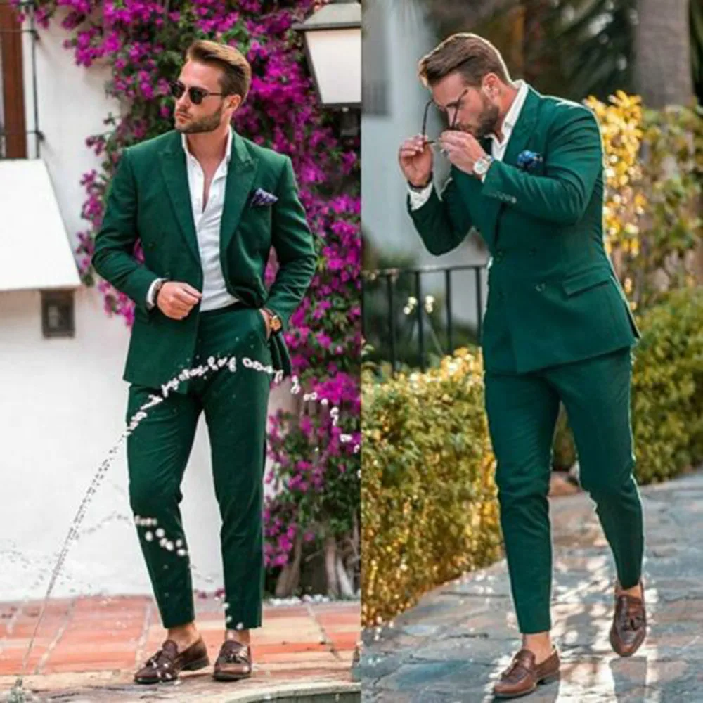 

Men's Green Suits Double-breasted Groom Wedding Wear Tuxedos Peak Lapel Formal Prom Suits Set 2 Pieces (Blazer+Pants)