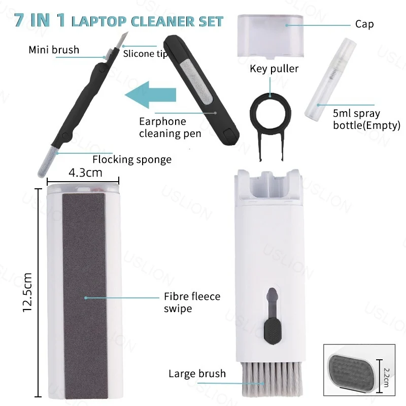 USLION 7-in-1 컴퓨터 키보드 클리너 키트, 이어폰 청소 펜, 에어팟 휴대폰 카메라 화면 청소 도구, 키캡 풀러
