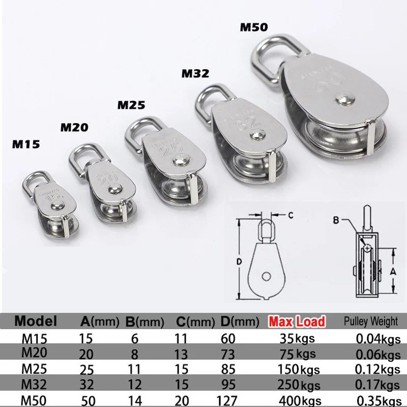 1PC M32 단일 풀리 블록 304 스테인레스 스틸 M15 M20 M25 M50 단일 휠 회전 리프팅 로프 풀리 세트 리프팅 휠 도구