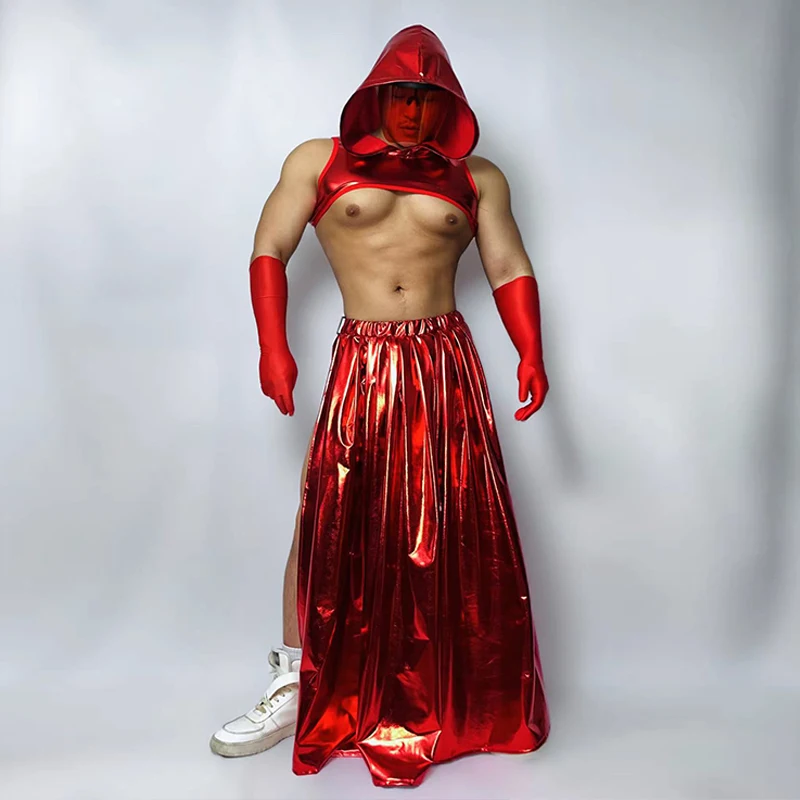 

Sexy Nightclub Bar Gogo Dance Costume Red Laser Hooded Vest Skirt Rave Outfits Hip Hop Performance Festival Clothing