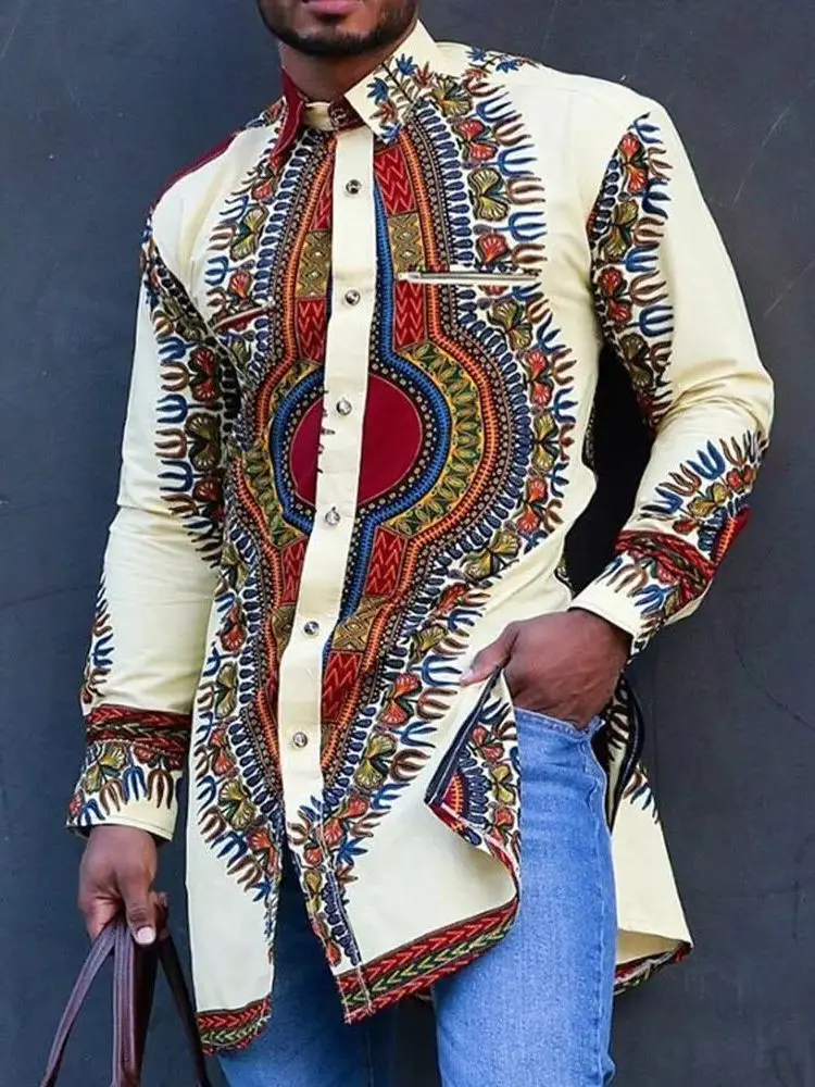 Dashiki African Men's Clothing Ethnic Print Plus Size Tops Wedding Wear Classic Men's Long Sleeve Shirts Traditional Casual Tee for mens dress shirt