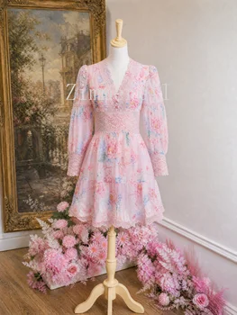 Abito Estivo Elegante in Stile Francese Vintage, Vestito Corto da Donna con Maniche a Lanterna, Scollo a V, Pizzo Stampato, Chic e Aderente per le Vacanze