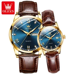 OLEVS Brand Fashion Couple Watch for Men and Women Luxury Leather Strap Waterproof Luminous Hands Calendar Lovers Quartz Watches