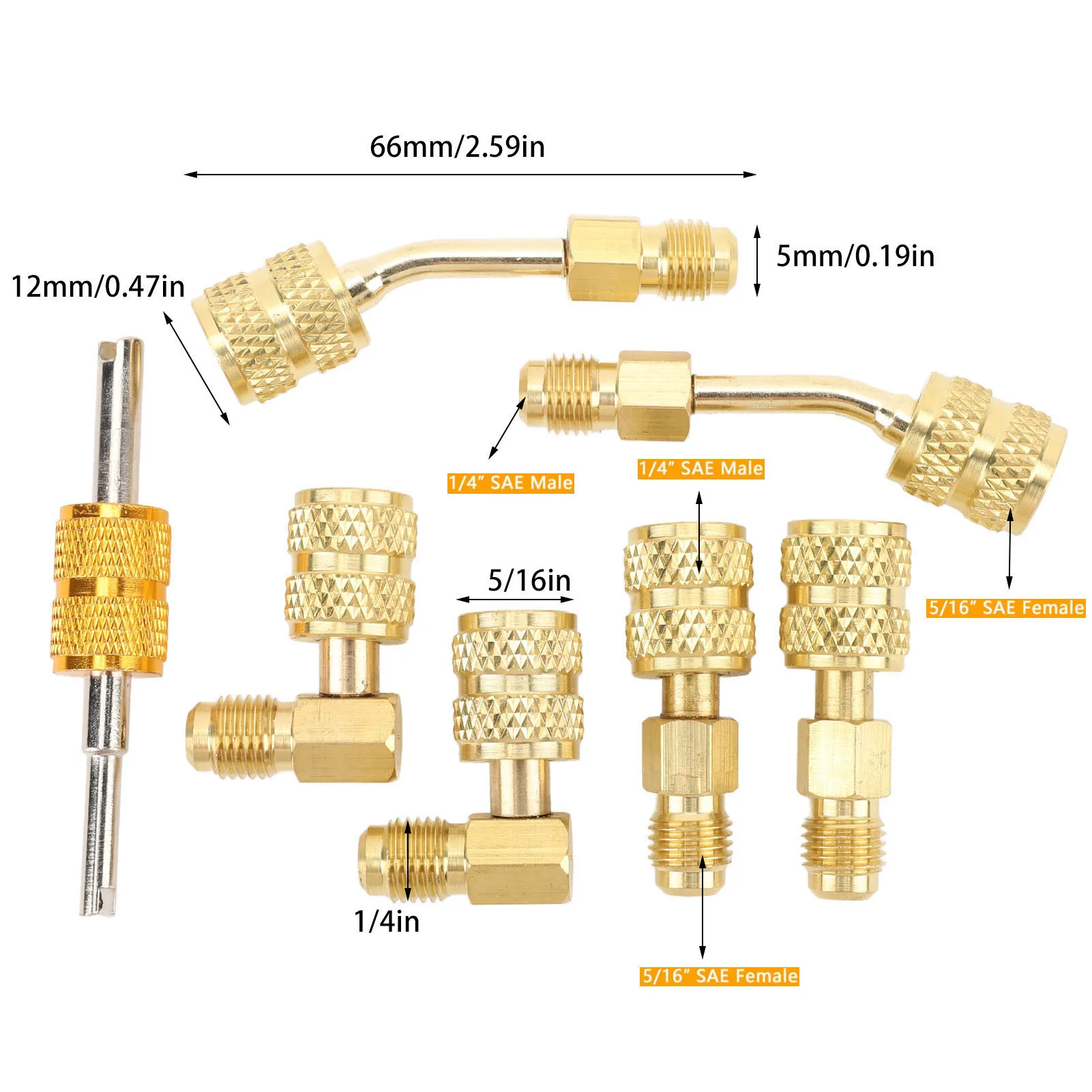 R410A Adapter Kit with Valve Core Remover 5/16 to 1/4in HVAC Refrigerant Hose Adapter for R410A Mini Split Air Conditioner