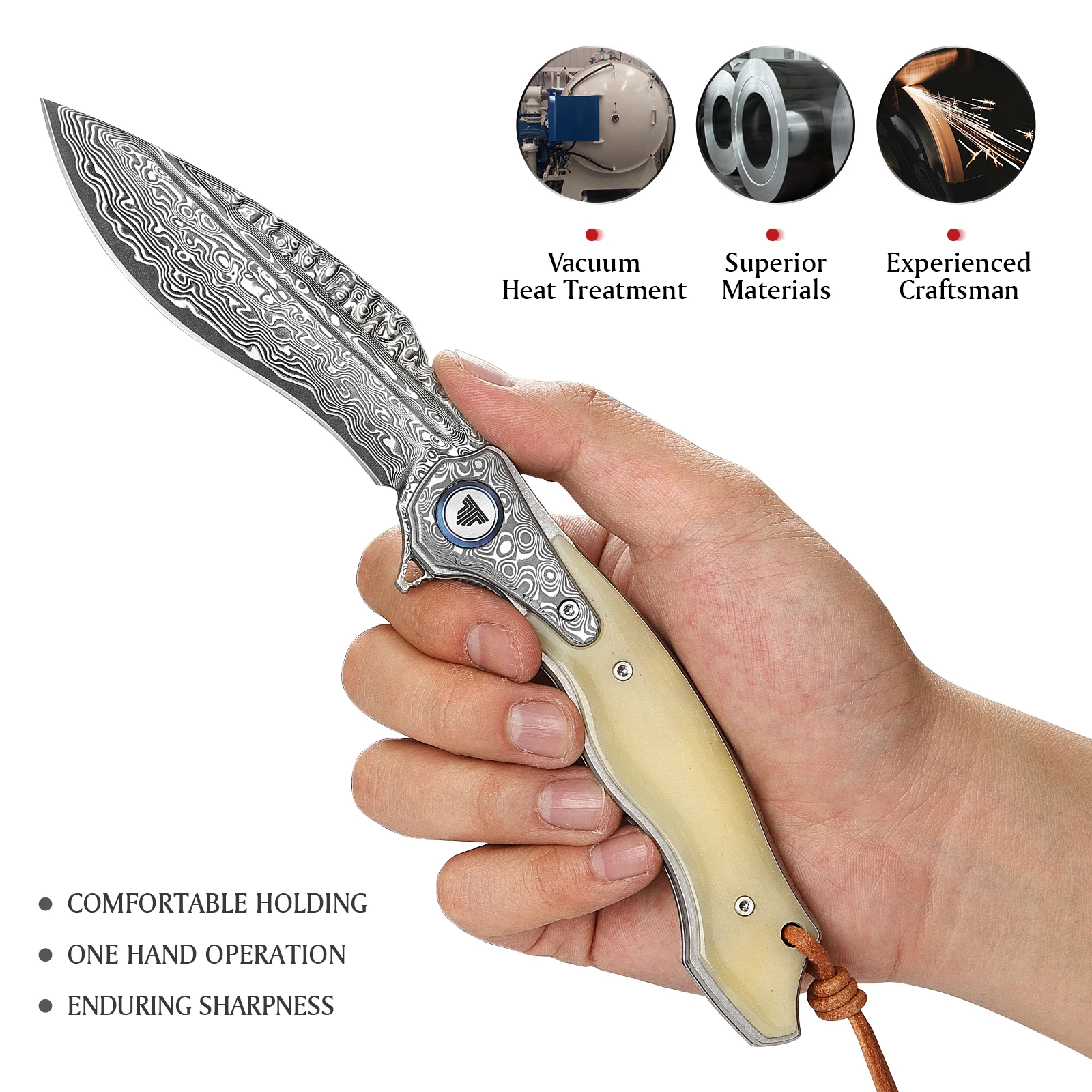 TRIVISA Damascus Folding Pocket Knife for Men, EDC Flipper Knife，Handmade OX Bone Handle，Camping Good knife，Collection & Gifts 4