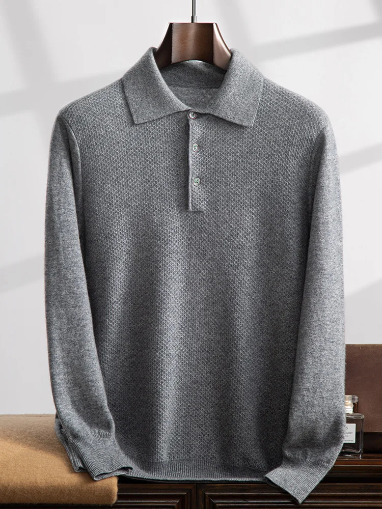 Autumn Winter Men 100% Cashmere Sweater Luxury Shirt Collor Pullover Casual Smart Jumpers Soft Cozy Knitwear Beehive Tops Cloth 3