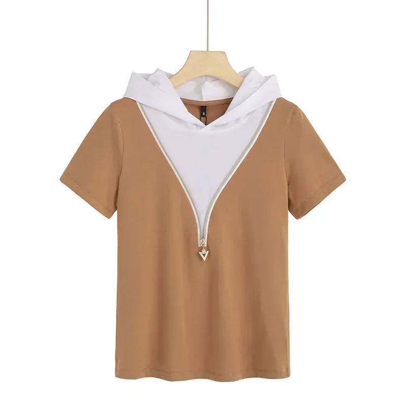 

2024Splicing Contrast Color Trendy Maternity Hooded Short Sleeve T-Shirt gray22