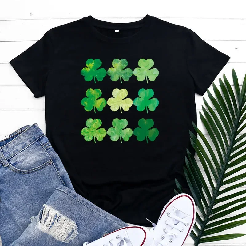 

Women Men Lucky St. Patrick's Day Clover Print T-shirt Casual Tees Irish Green Shamrock Lucky patchwork Tops Black Clothes