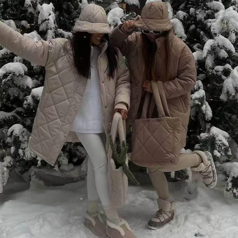Ardm Casual High Collar With Rhombus Pattern Down Cotton Coat Long Sleeve Top Winter Jacket Women 2022 Parkas Straight Outwear