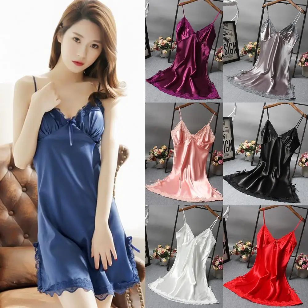 

Women Nightdress Satin V Neck Night Dress Spaghetti Strap Backless Sleeping Lace Patchwork Women Night Robe Women Sleepwear