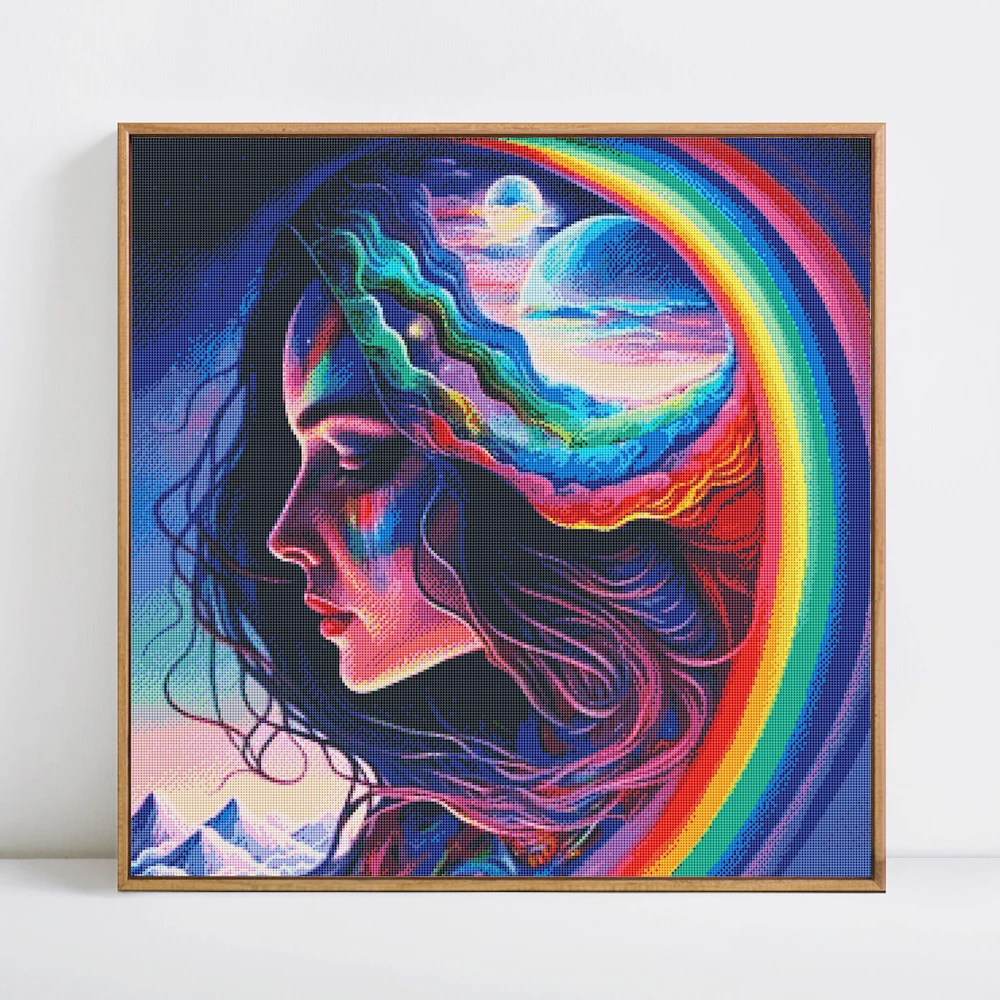 HUACAN Woman Portrait Cross Stitch Printed Canvas DIY Embroidery Rainbow Girl Picture Kits Needlework Home Decoration Painting